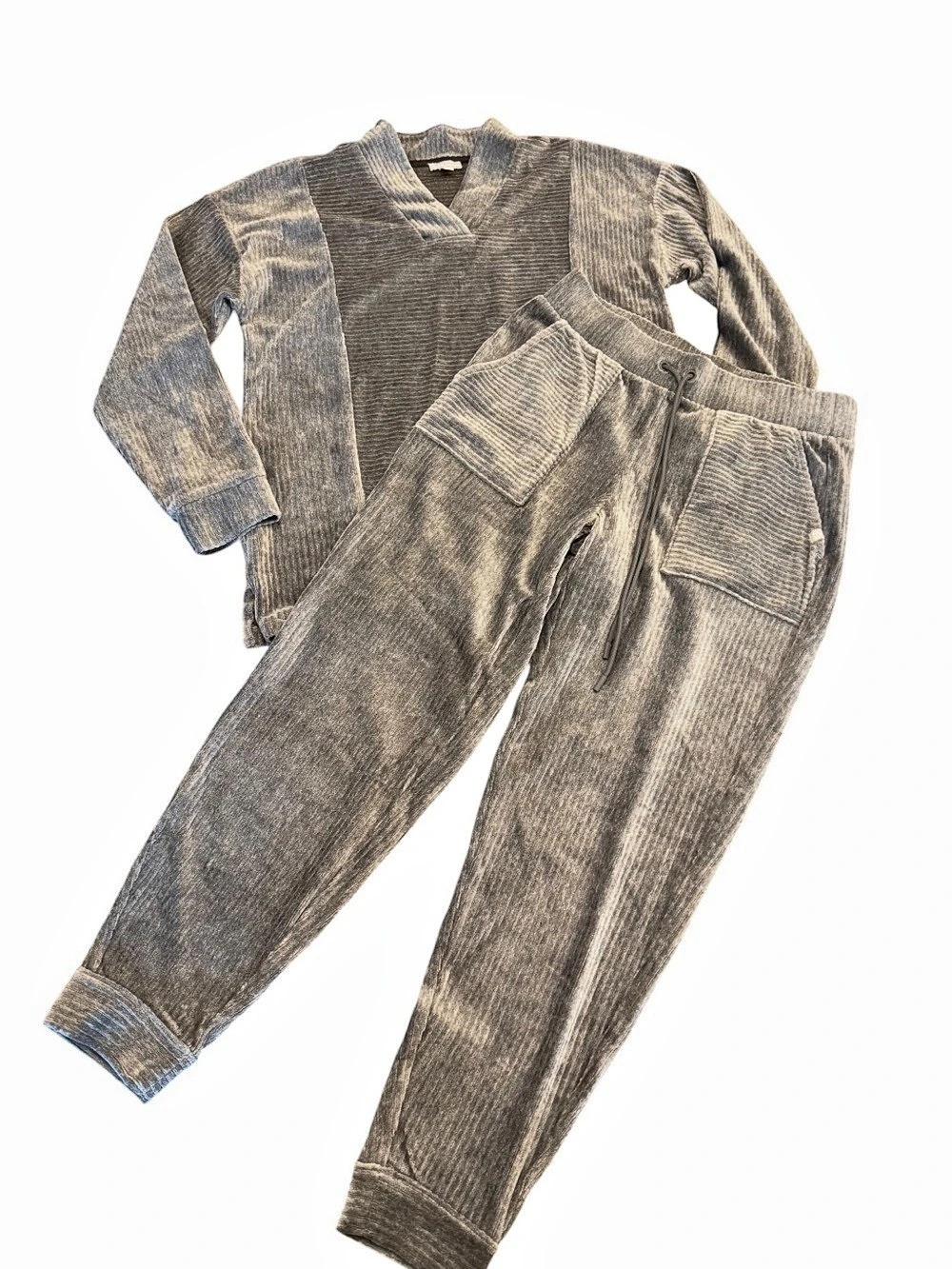 T by Talbots Gray Velour Sky Lounge Ribbed 2pc Set Top & Pants Cozy Travel Small